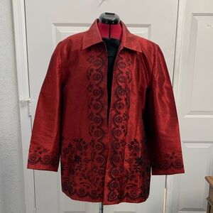 Silk Land Elegant Red Women's Blazer with Black Detailing